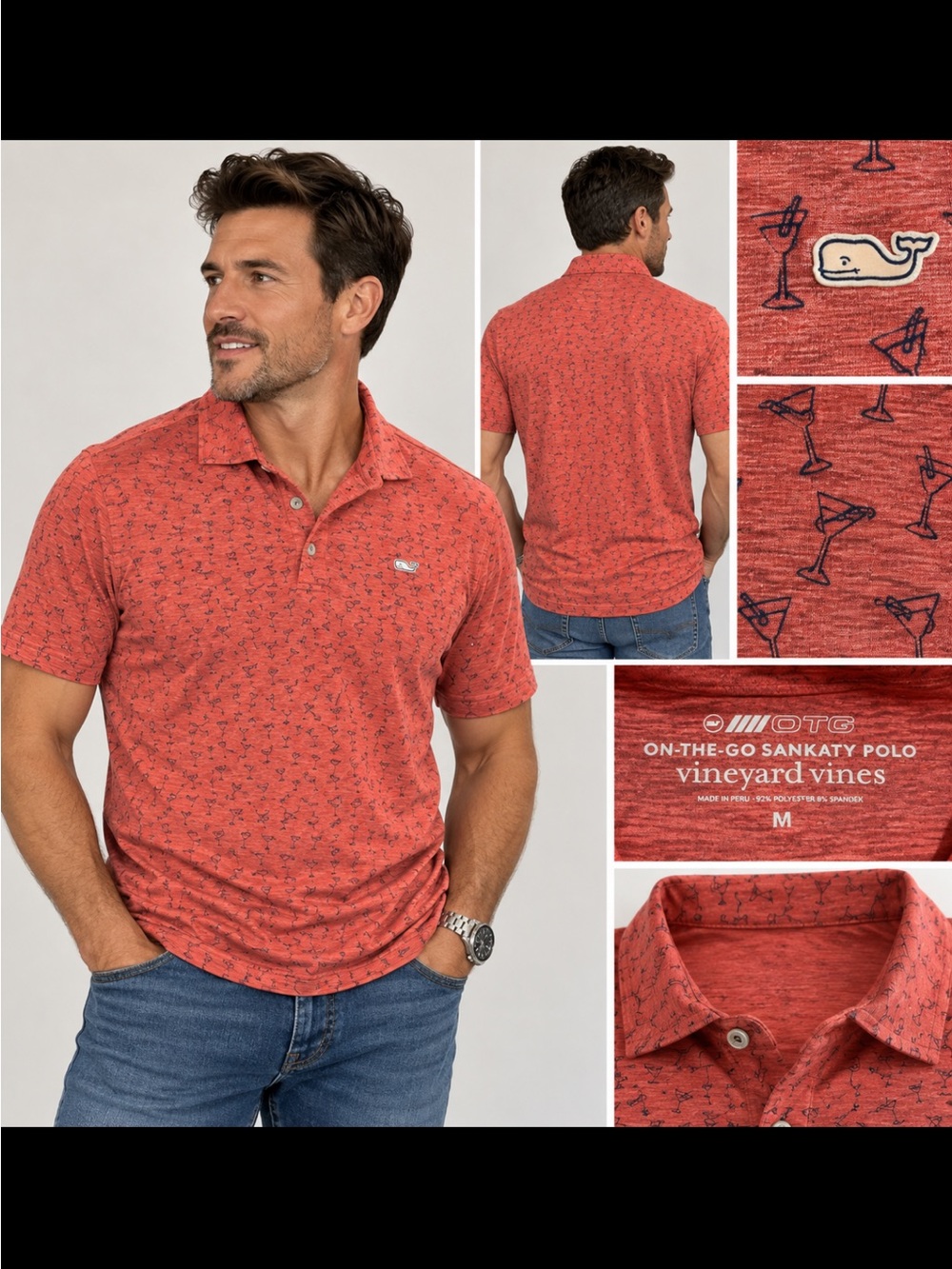 Vineyard Vines Coral Red Martini & Whale Print Polo Size M